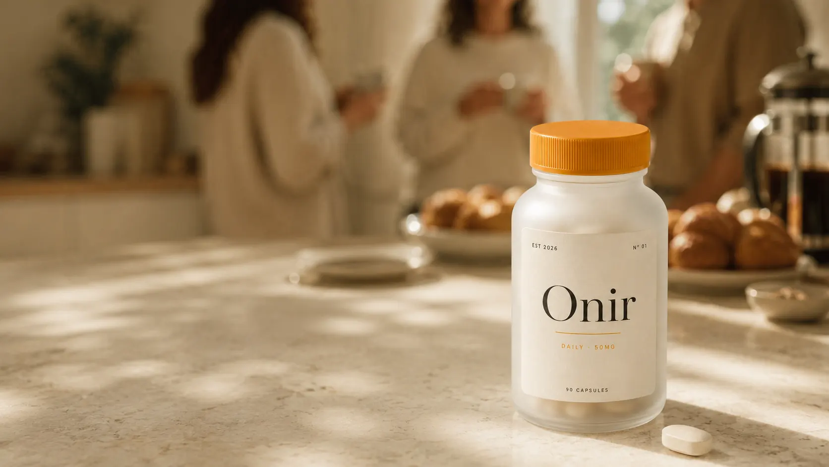 The Onir daily 50mg bottle on a kitchen counter