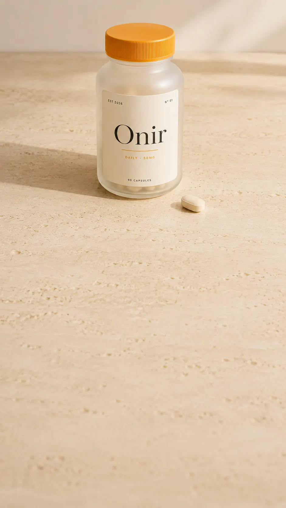 An Onir bottle on a sunlit kitchen counter